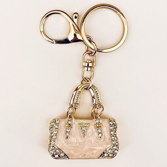 NWT Gorgeous Ivory & Gold Bling Metal Purse Handbag Lobster Keyring Key holder - Picture 10 of 12